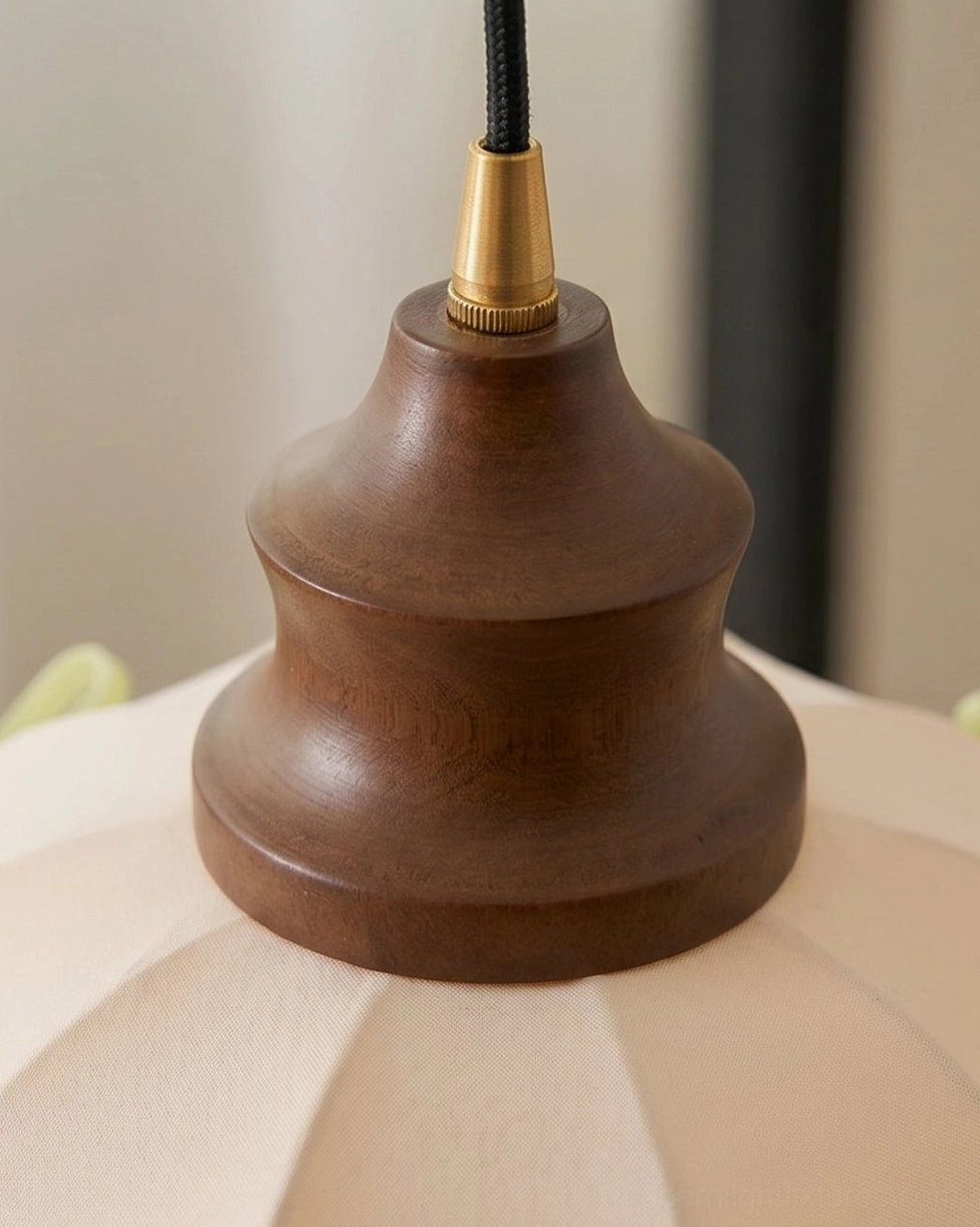 Hanavelle fabric tulip pendant light care and cleaning detail, showing delicate fabric shade and decorative trims, maintenance reference for gentle dust cleaning