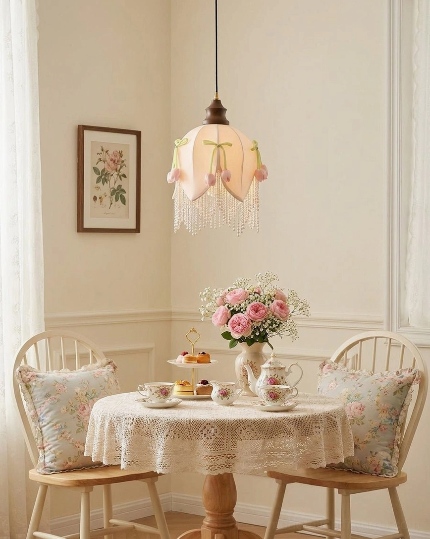 Hanavelle fabric tulip pendant light over formal dining table with lace tablecloth and floral wall art, soft ambient lighting, romantic pastoral design aesthetic