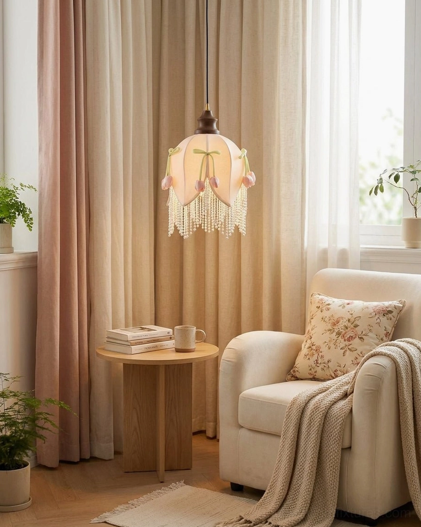 Hanavelle fabric tulip pendant light in cozy lounge corner with beige curtains and upholstered armchair, soft ambient warm lighting, intimate reading nook styling