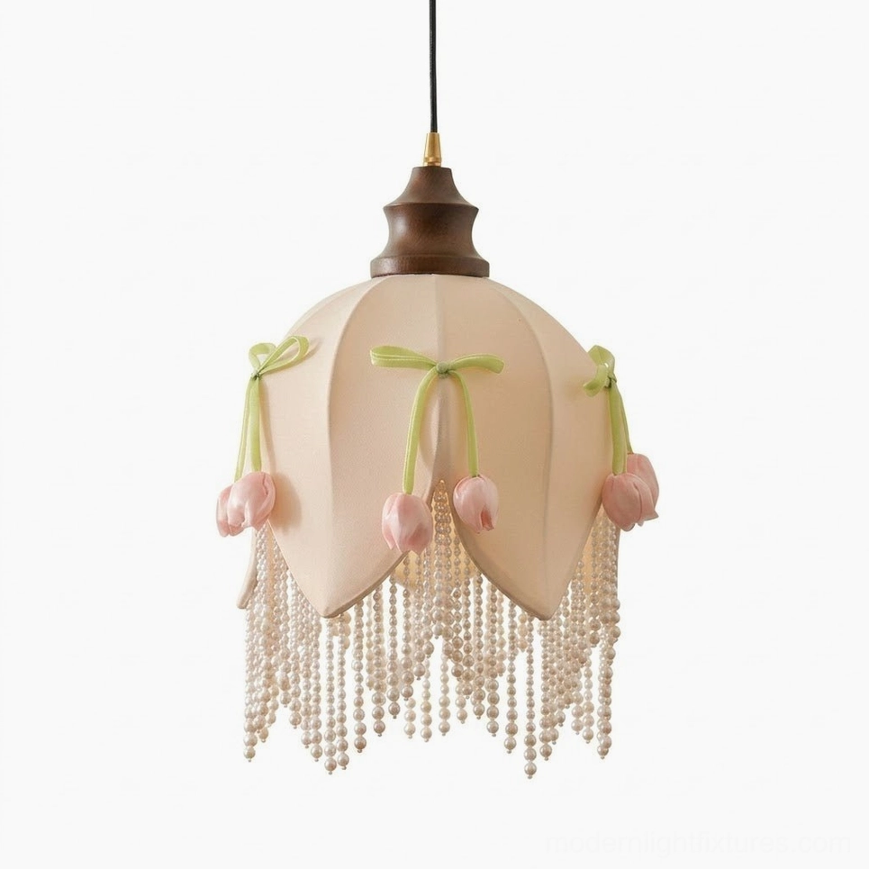 Hanavelle pendant light in Walnut Color & Beige variant, cream shade with decorative trims hanging in interior setting, warm wood tone stem visible