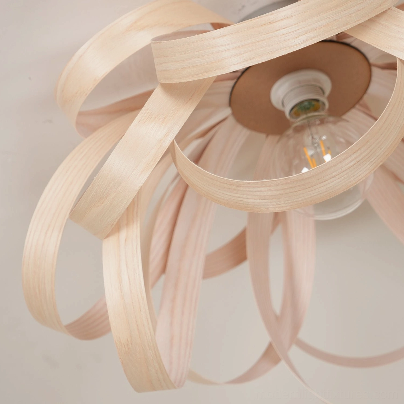 Hand-bent wood petal ceiling fixture mid-century modern style