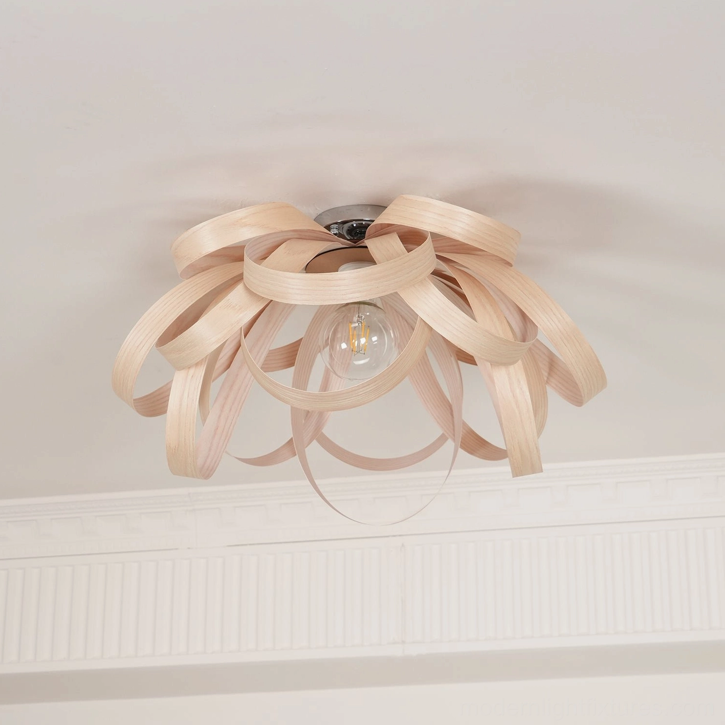Hand-bent wooden strips petal ceiling light craftsmanship detail