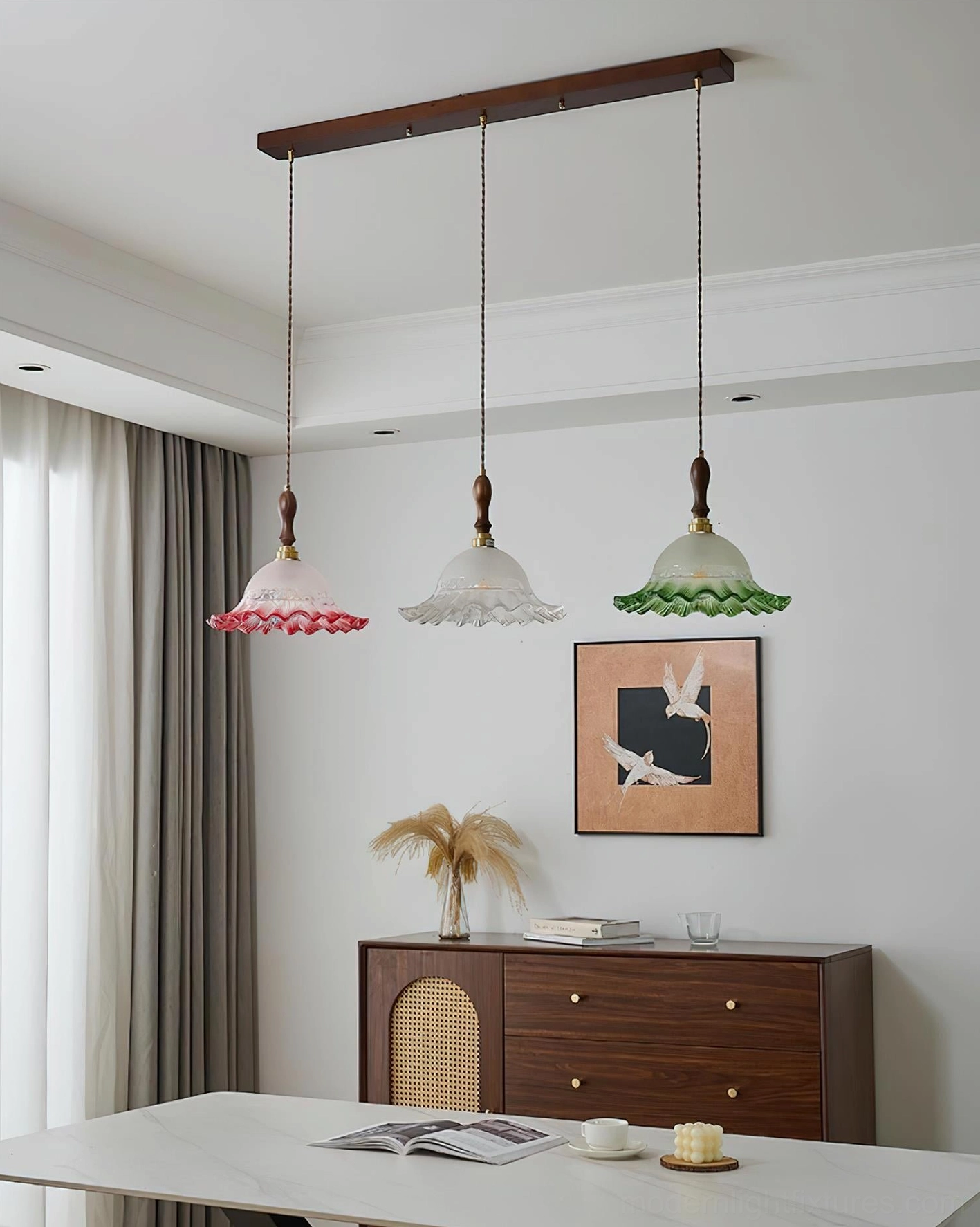 Hand-blown frosted glass pendant light with delicate embossed pattern and scalloped rim