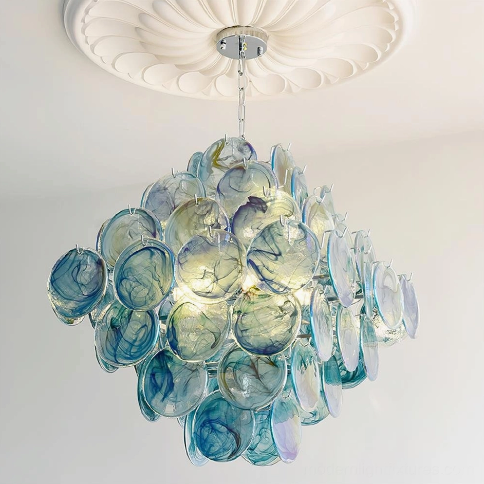 Hand-blown glass disc chandelier blue color option detail view showing color saturation and glass depth
