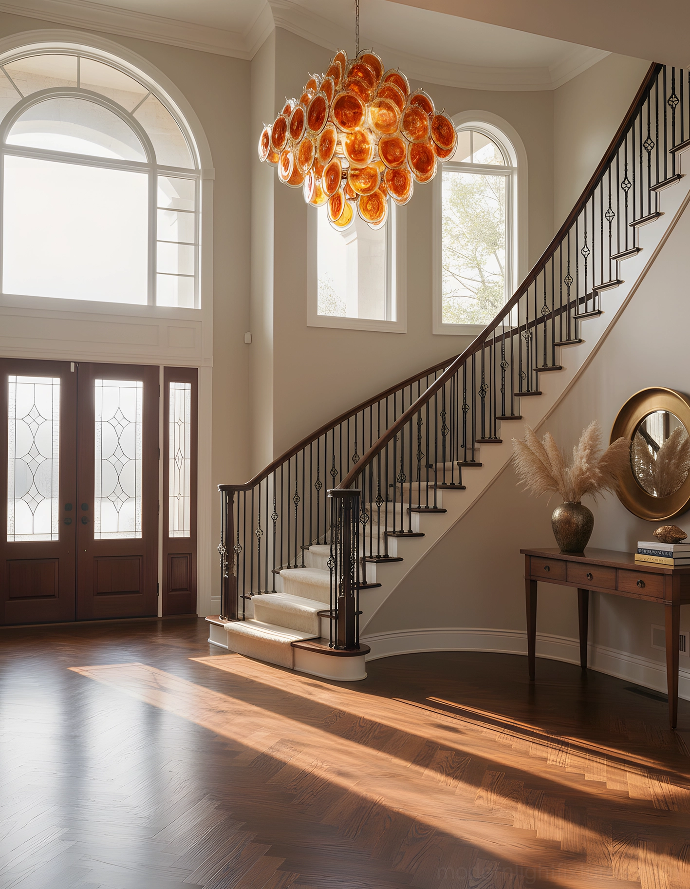 Amber hand-blown glass disc chandelier wide indoor staircase hall view double-height foyer with tall ceiling mounted installation