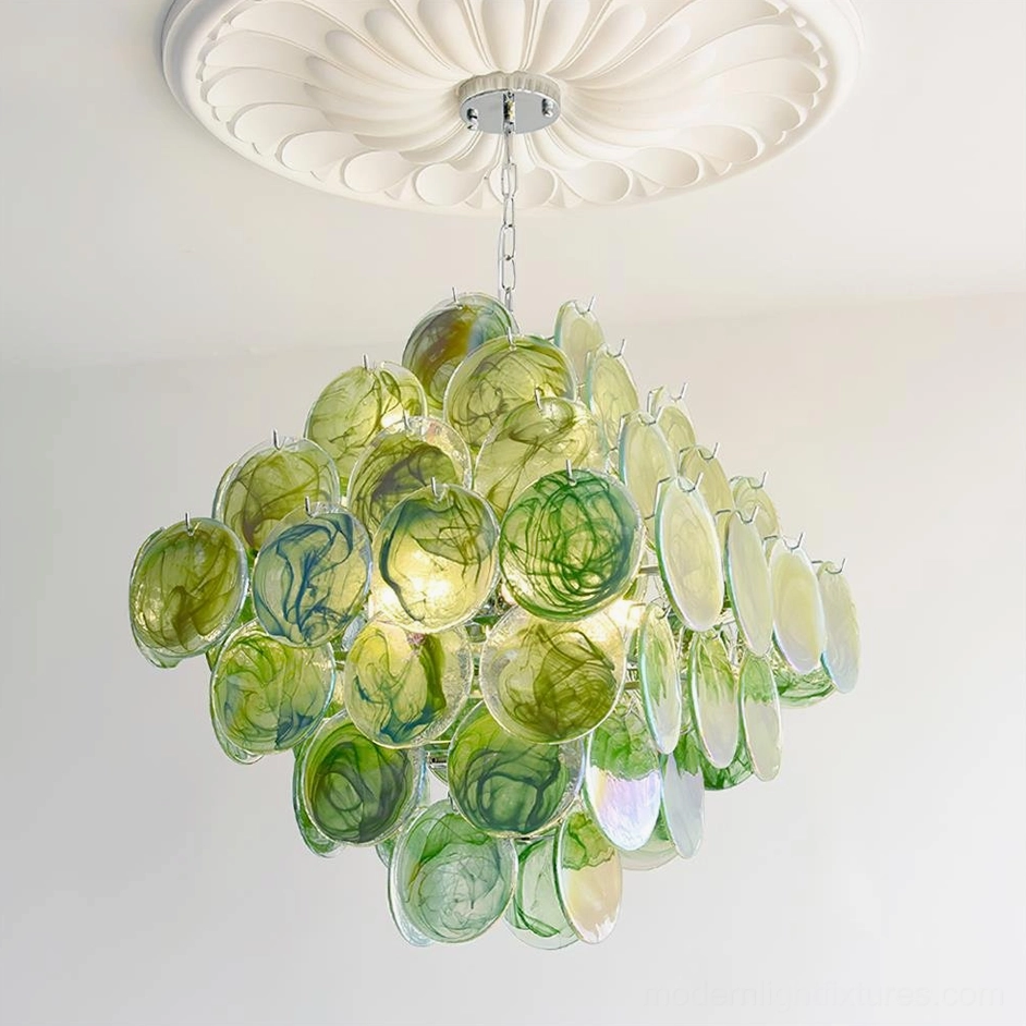 Hand-blown glass disc chandelier green color option installed view in modern interior with contemporary styling