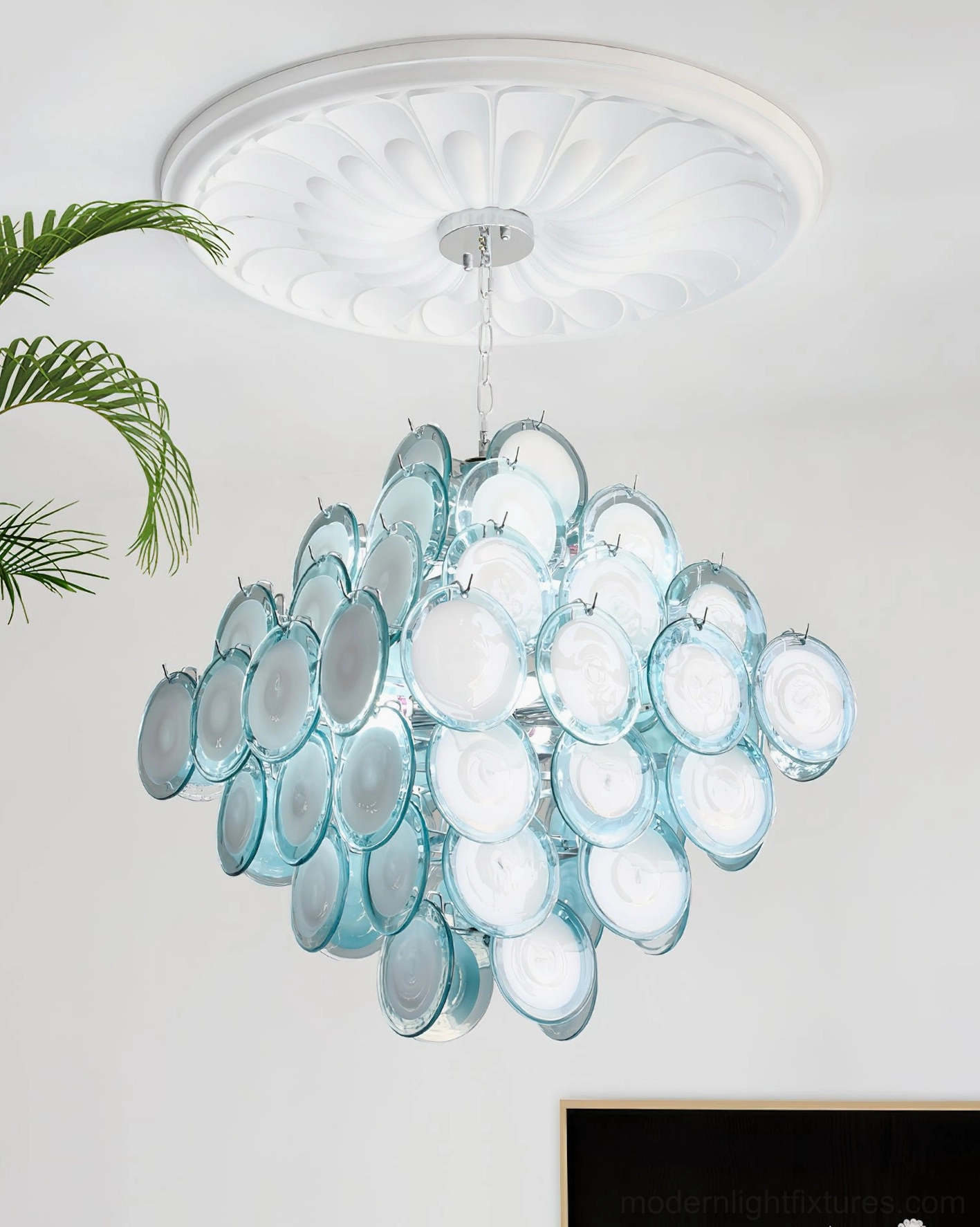 Hand-blown glass disc chandelier overhead view showing complete light source configuration and disc positioning