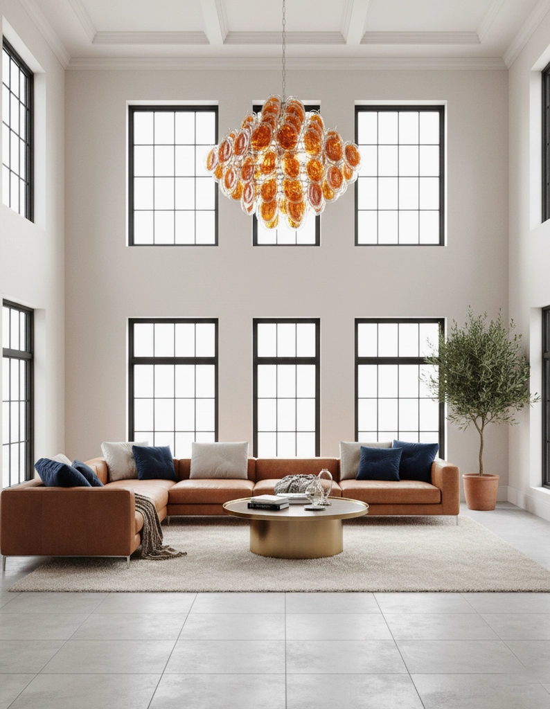 Hand-blown glass disc chandelier sculptural form view highlighting cascading design and artistic craftsmanship