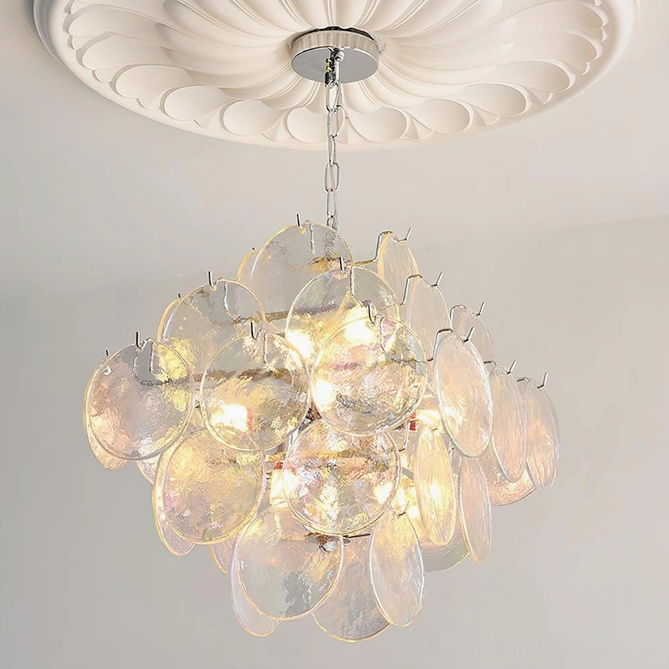Hand-blown glass disc chandelier clear option transparency studio photography showing light refraction