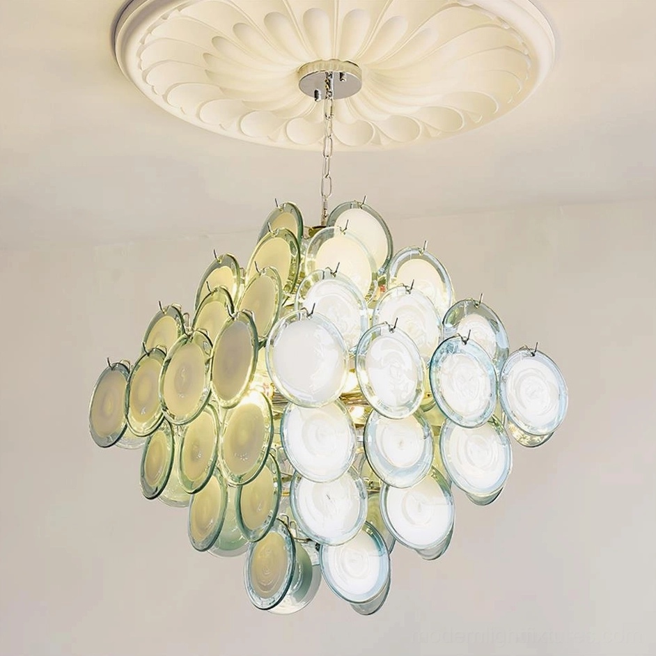 Contemporary hand-blown glass disc chandelier glacier blue color option luxury interior installation view
