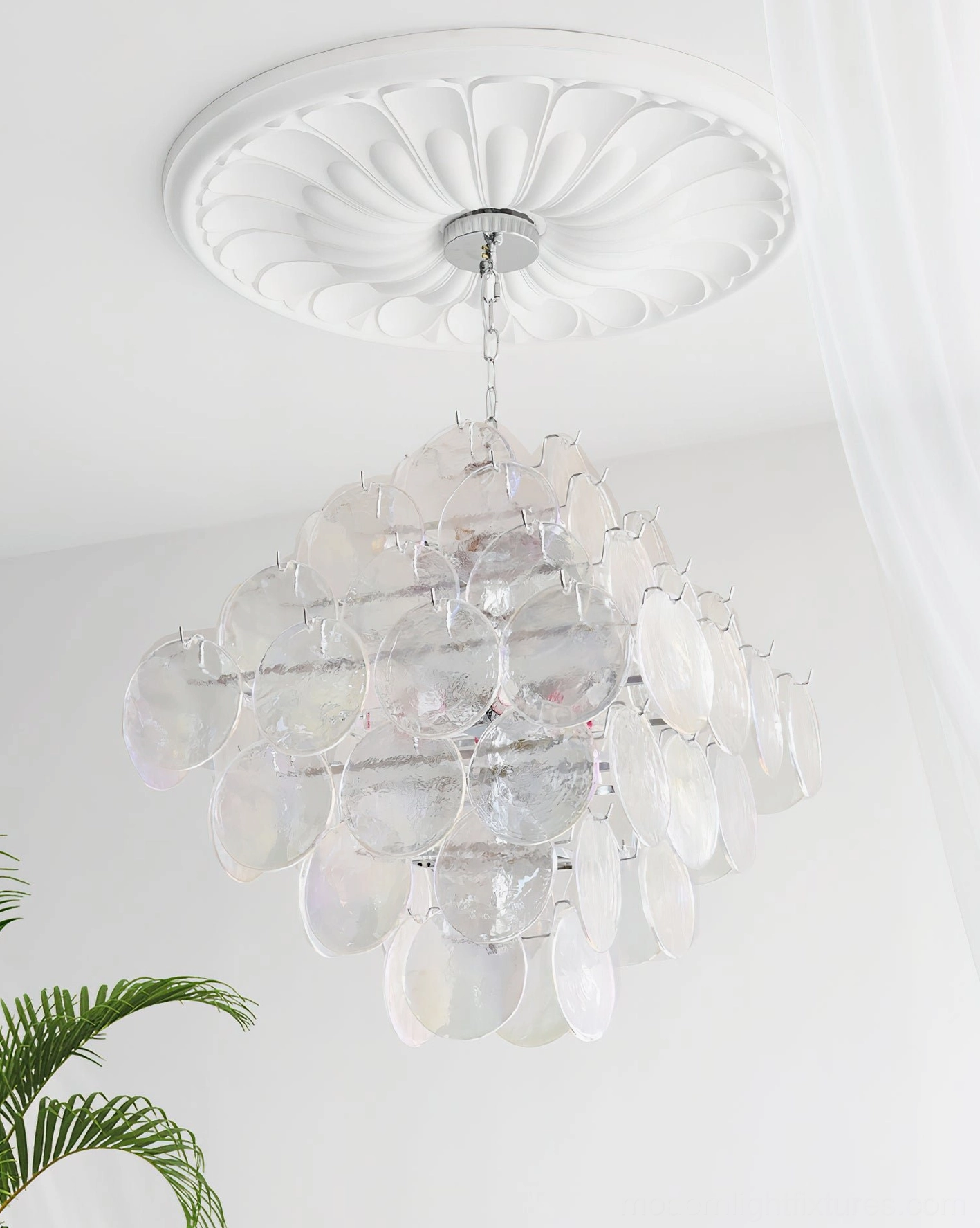 Hand-blown glass disc chandelier installation guide view showing mounting hardware and ceiling configuration