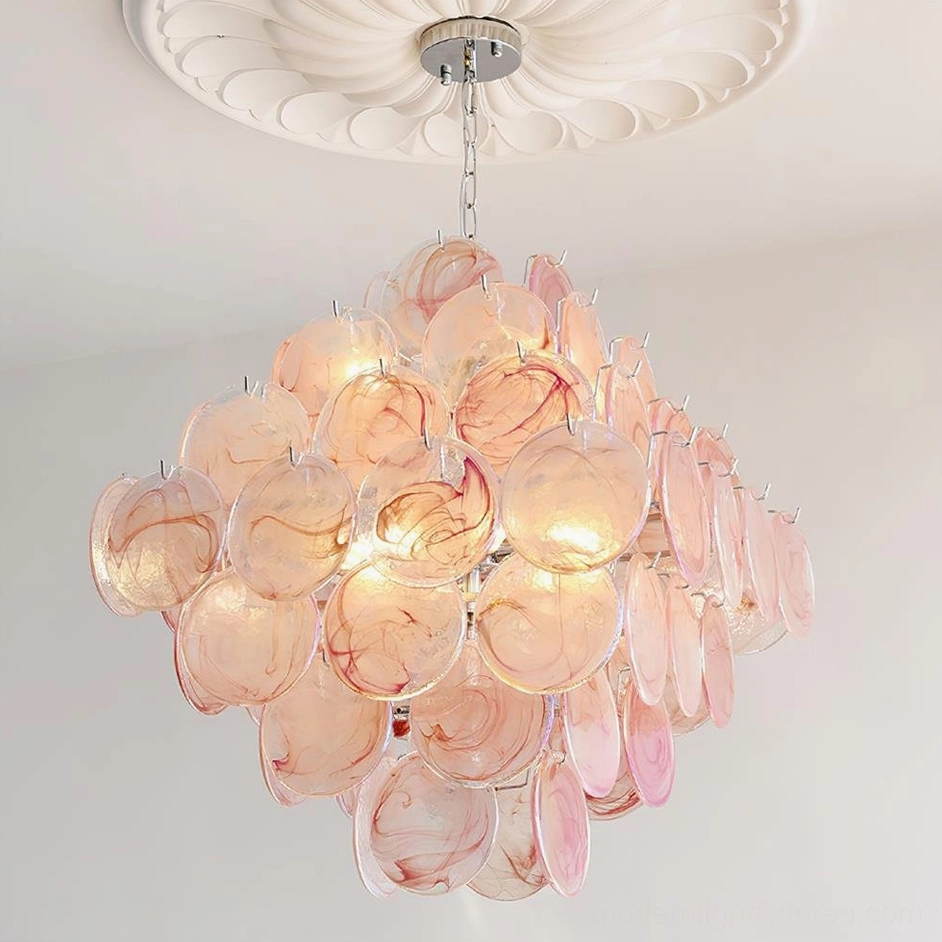 Hand-blown glass disc chandelier pink color option detail photography showing glass craftsmanship quality