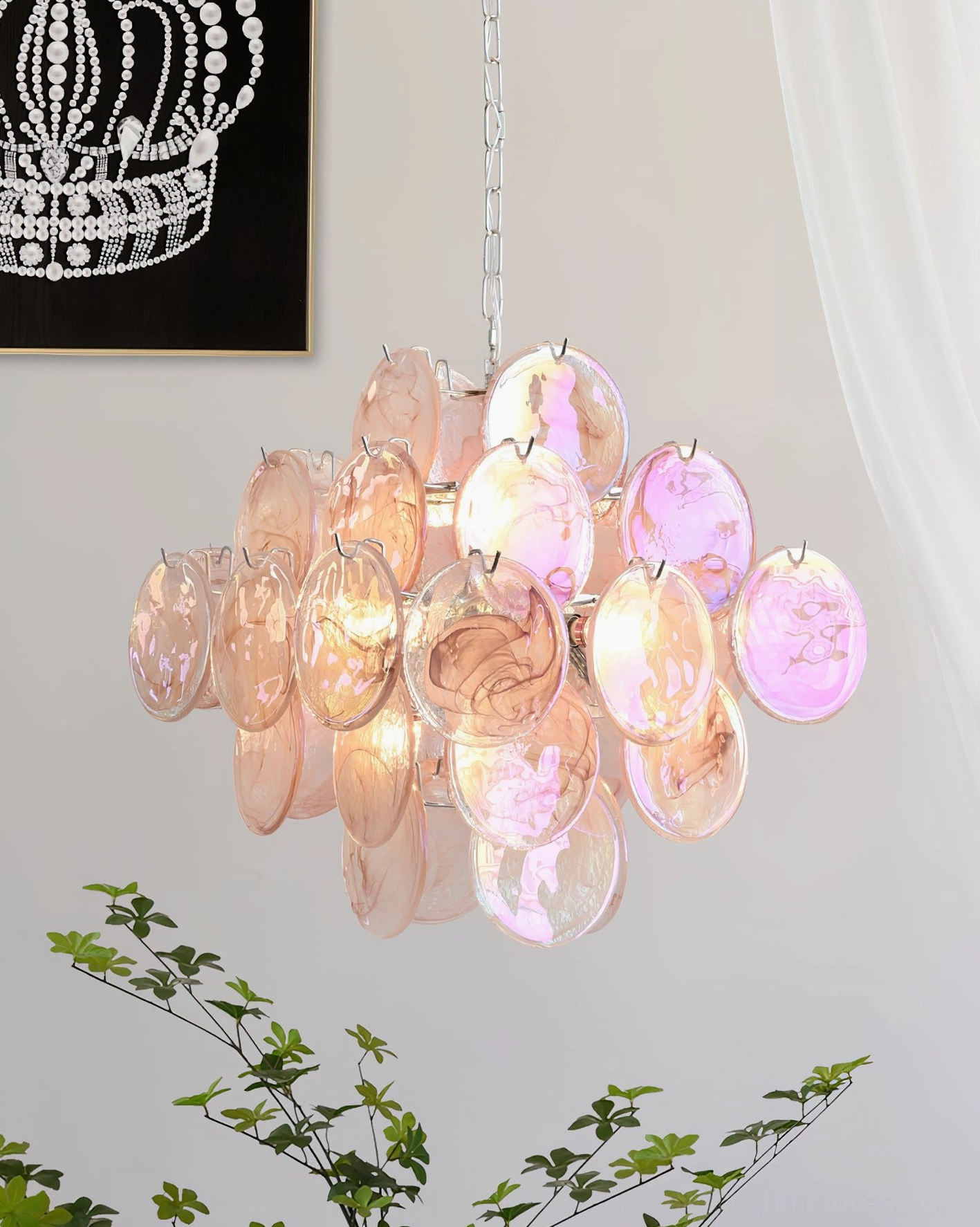 Contemporary hand-blown glass disc chandelier stairwell multi-story view demonstrating vertical visual drama