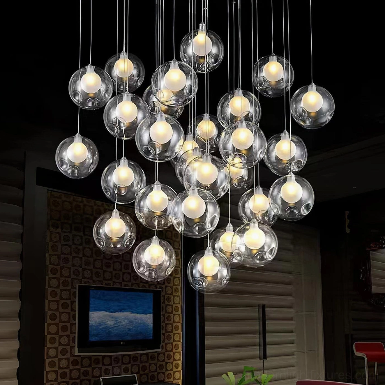 Contemporary glass globe cluster chandelier showing intricate hand-blown glass detail and cluster arrangement