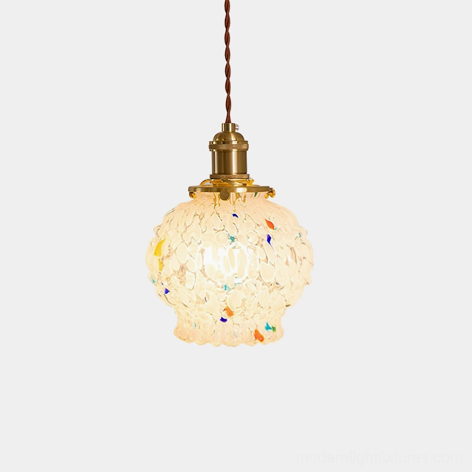 Kano Bubbles hand-blown glass pendant light with colorful speckles, frosted white shade, brass hardware, studio front view
