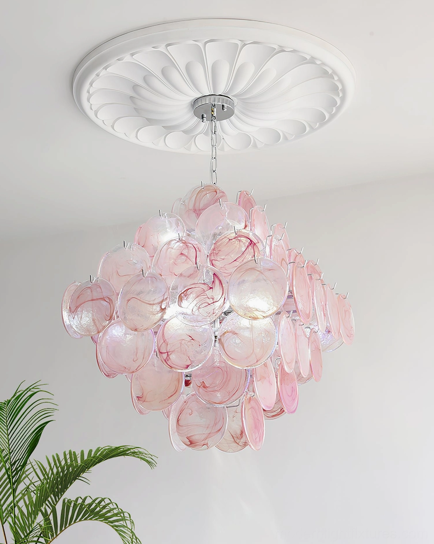 Hand-blown Murano glass disc chandelier boutique gallery space artistic installation view and display