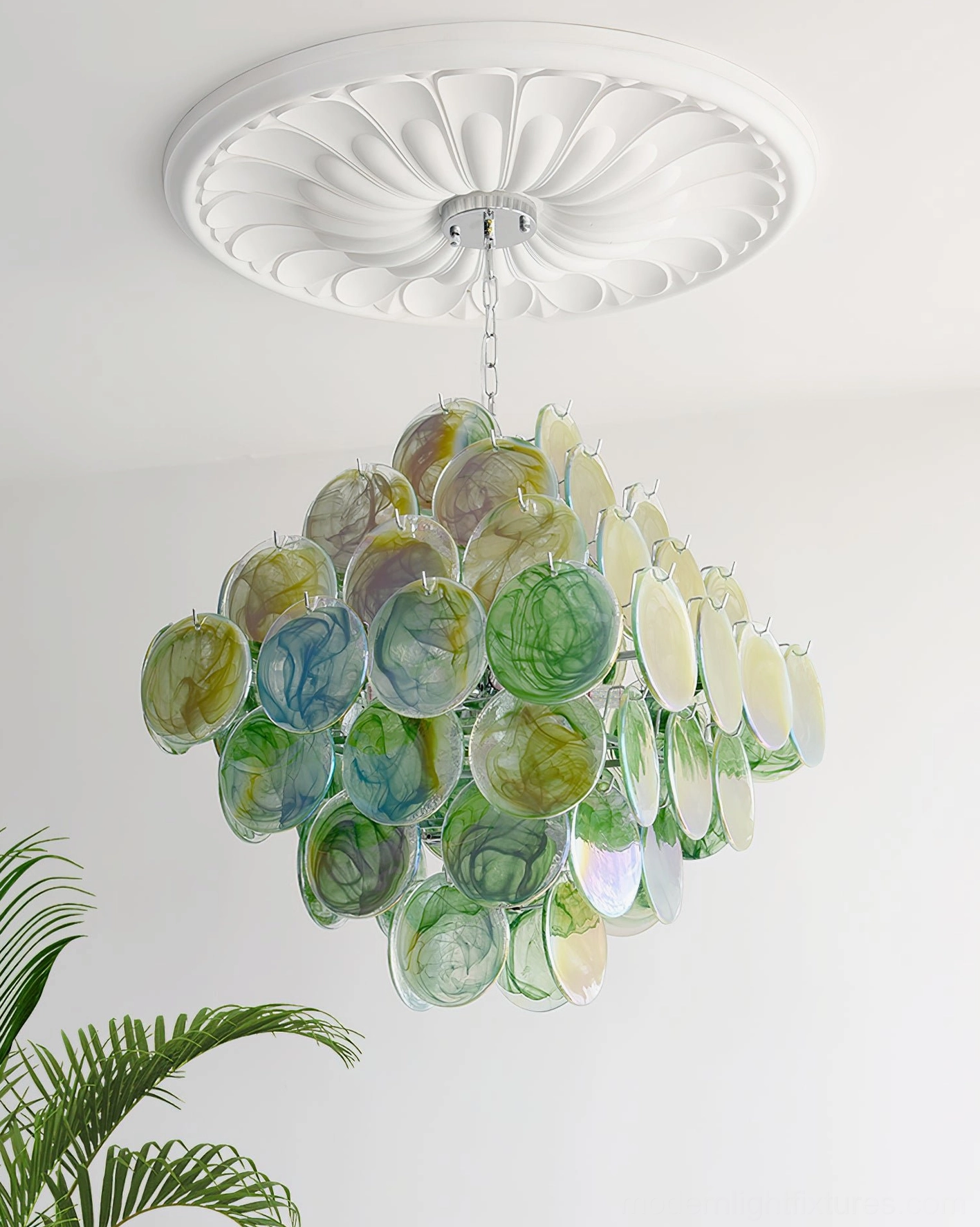 Hand-blown Murano glass disc chandelier detail photography highlighting craftsmanship and glass quality