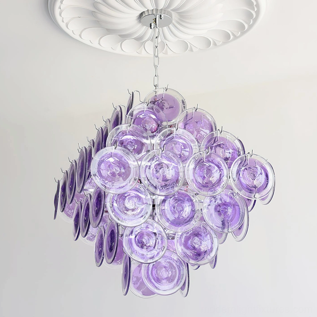 Hand-blown Murano glass disc chandelier dimensional view showing depth of cascading glass arrangement