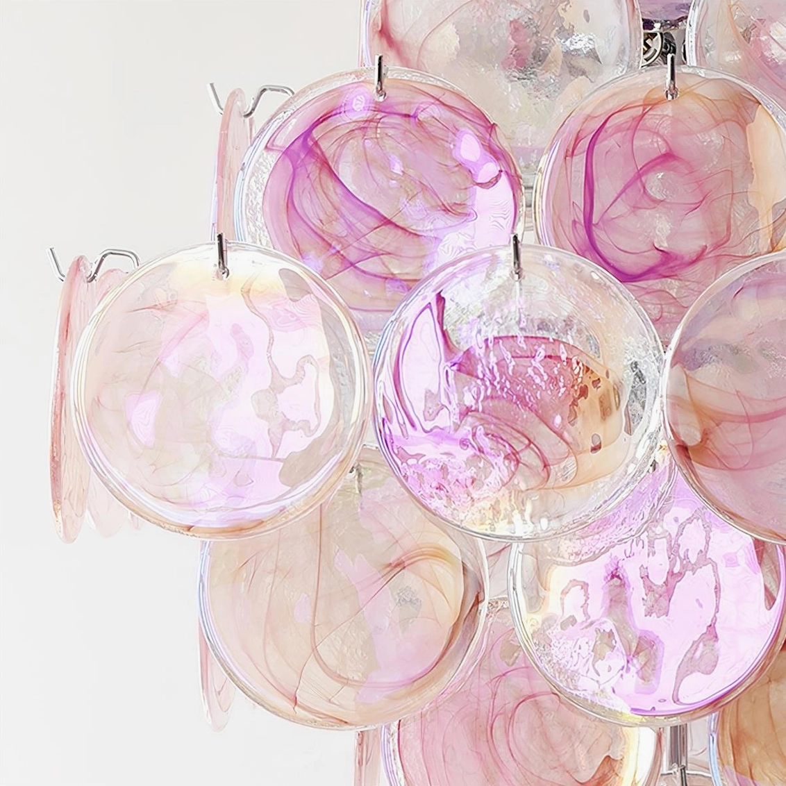 Hand-blown Murano glass disc chandelier color variation view featuring different glass tone options