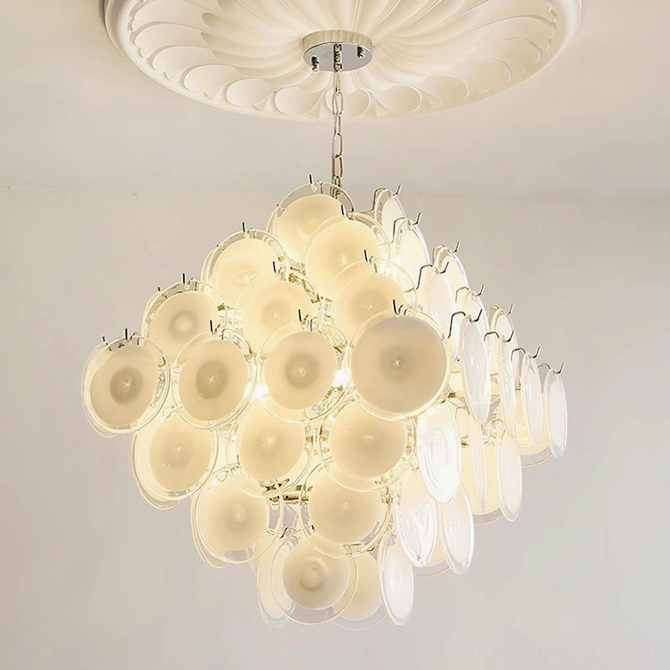 Hand-blown Murano glass disc chandelier white color pristine option studio view with neutral background