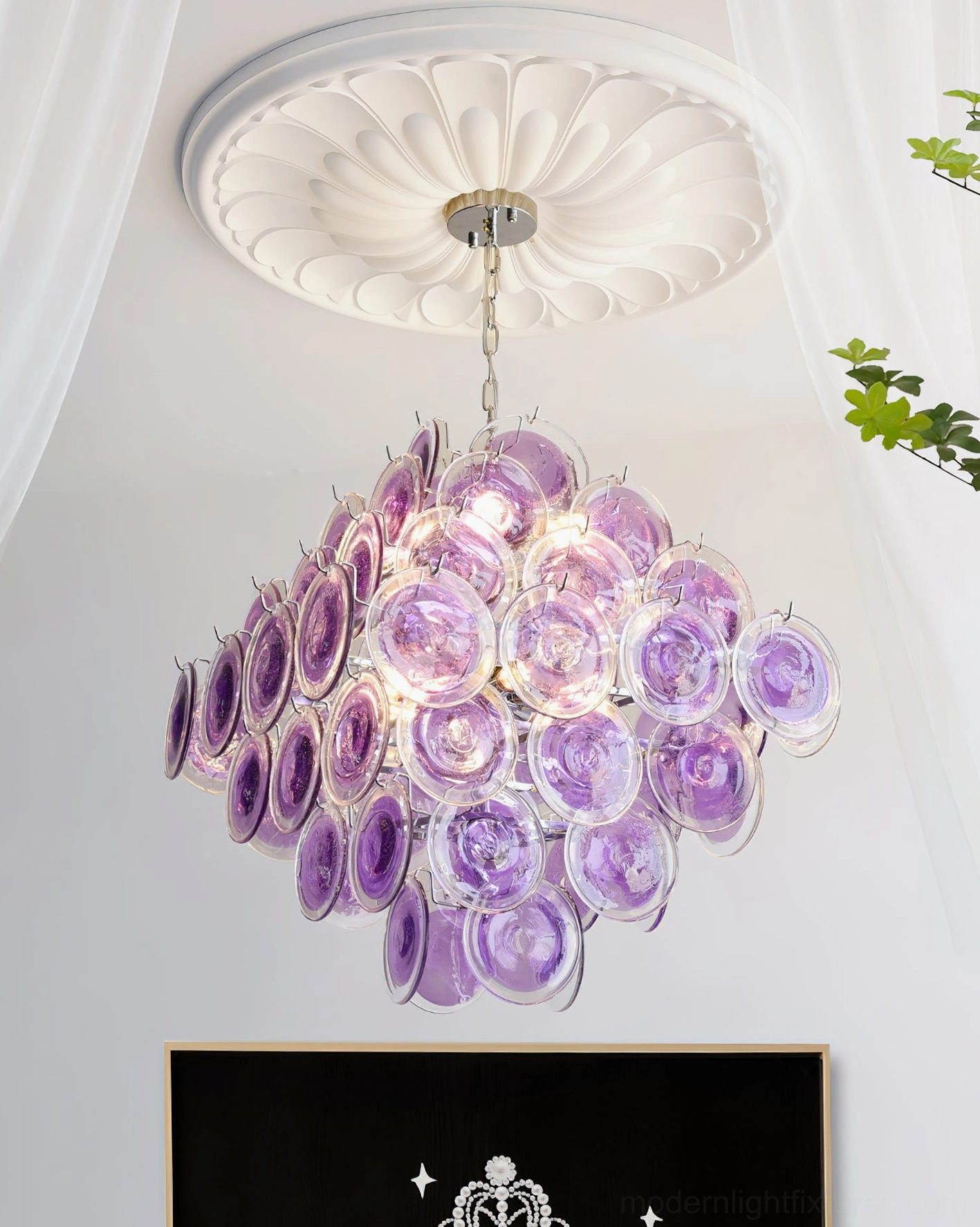 Hand-blown Murano glass disc chandelier museum gallery professional lighting view emphasizing artwork illumination
