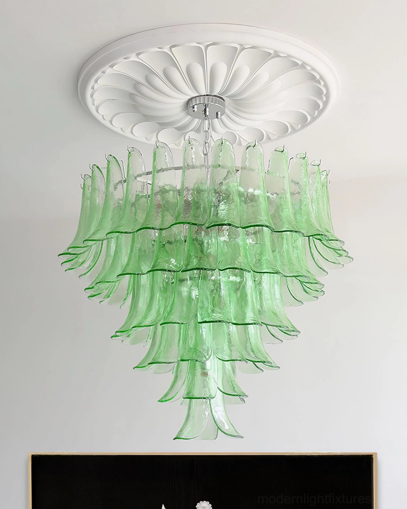 Hand-blown glass petal chandelier with ornamental chrome fixtures and premium hardware details
