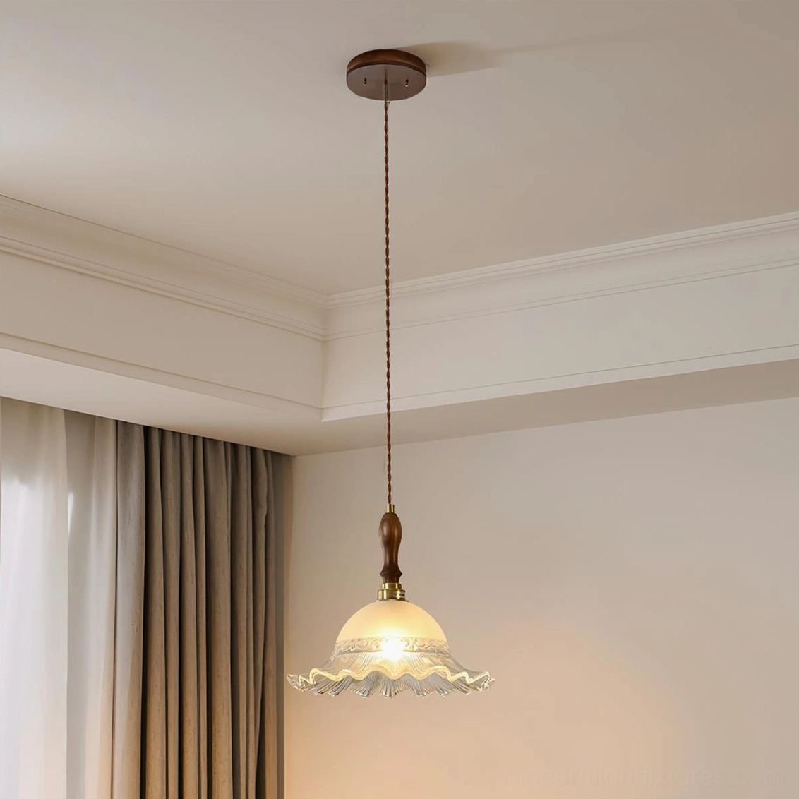 Brielle hand-blown pendant light displaying scalloped frosted glass shade detail
