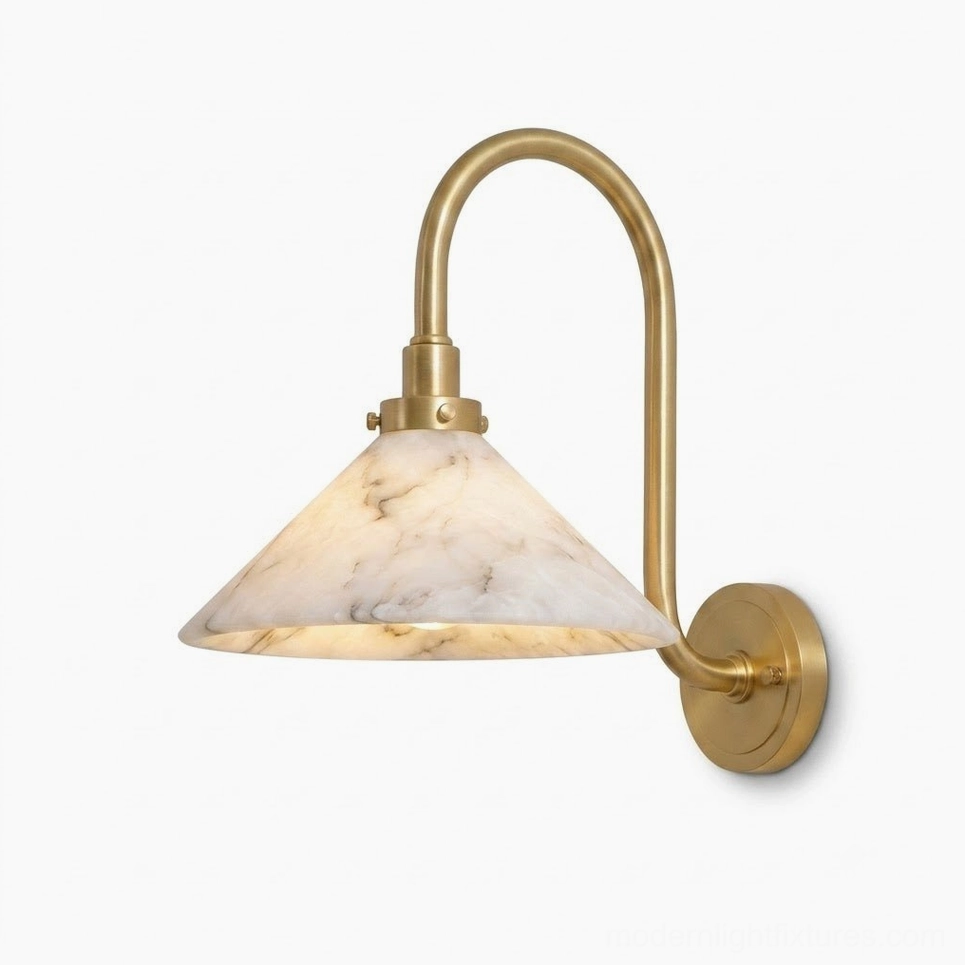 Lunelle hand-carved alabaster gooseneck wall sconce, natural stone veining and warm brass finish