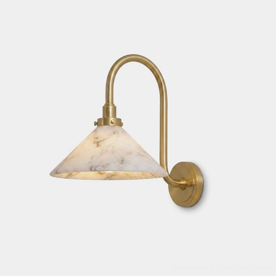 Lunelle hand-carved alabaster wall sconce with brass gooseneck arm, front studio view on white background