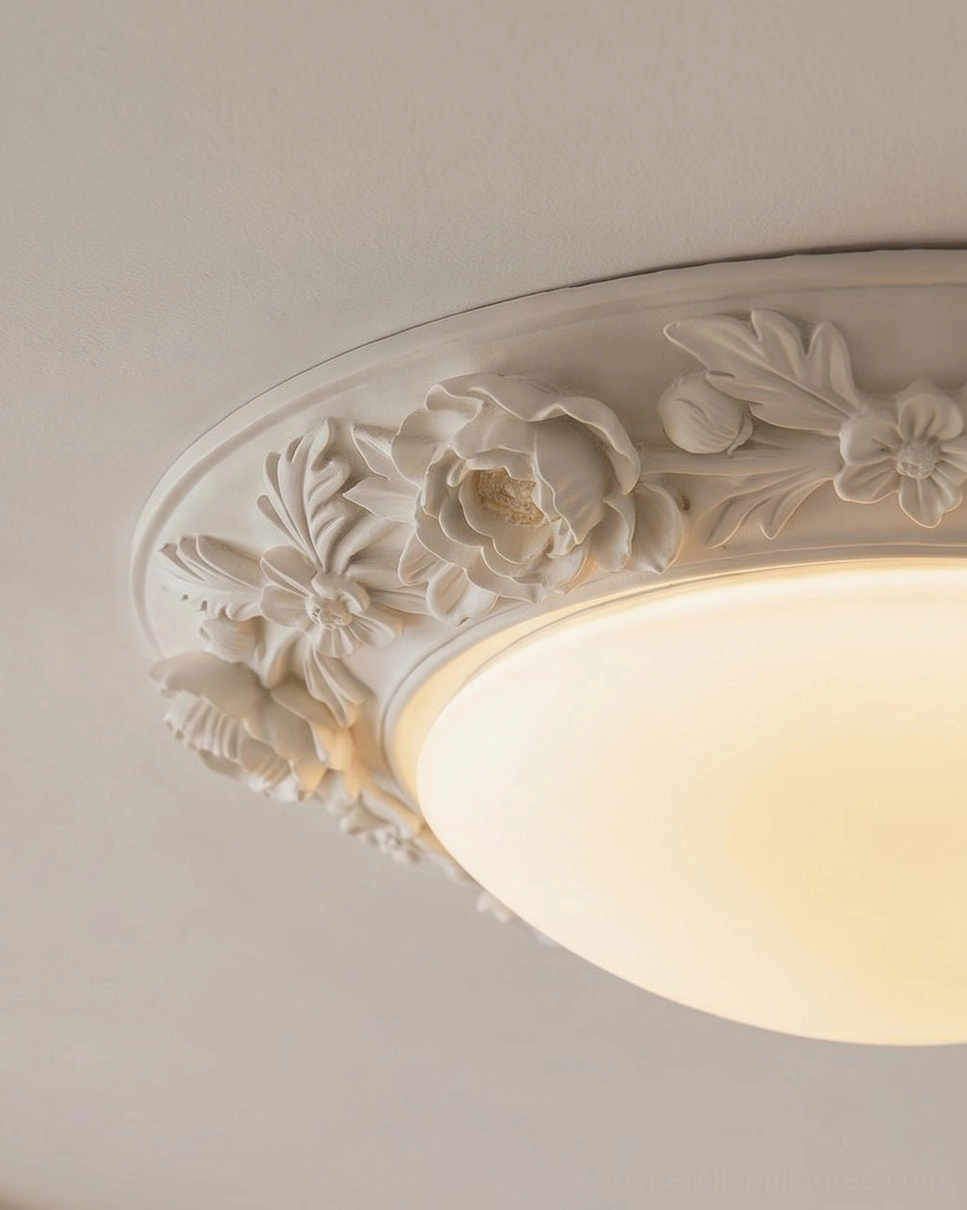 Hand-carved floral ceiling light in brass-gold finish with gypsum-resin carved rim and frosted glass diffuser, warm 3000K light