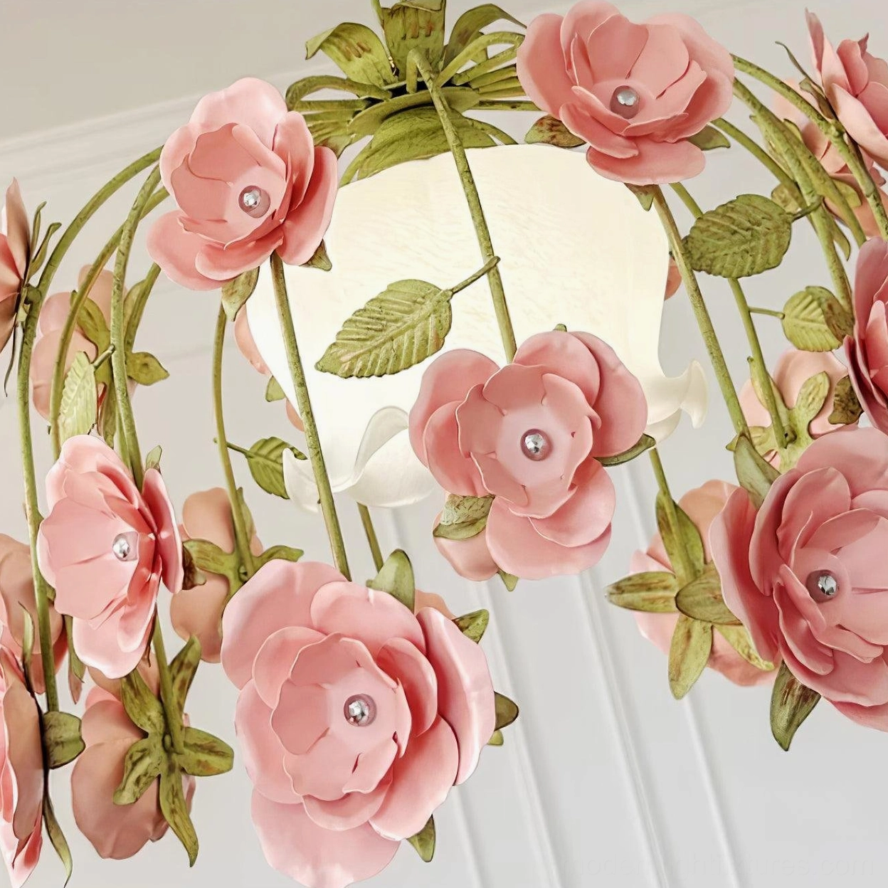Hand-carved floral pendant light fixture showing complete assembly with green metal frame, frosted glass shade, and botanical details