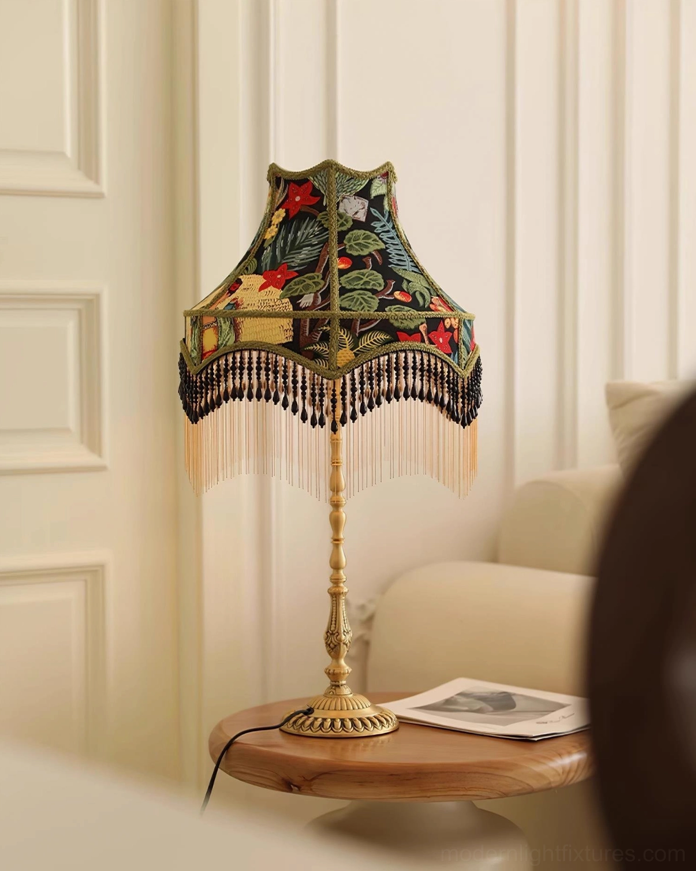 Hand-crafted vintage peony table lamp with artistic brass base etching and decorative fringe
