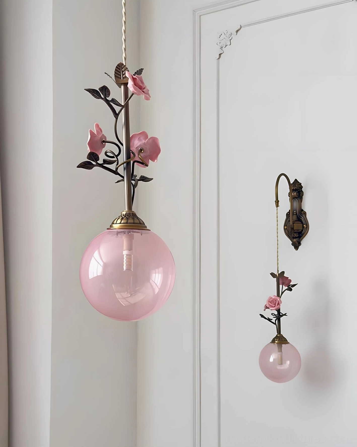 Hand-crafted rose pendant light with sculptural ceramic stem, artisanal glass globe
