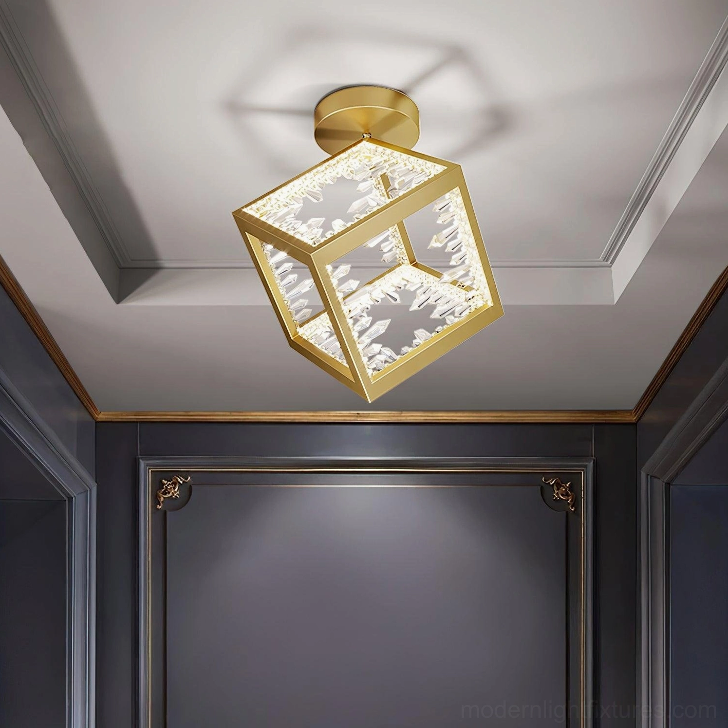 Hand-finished gold ceiling light with decorative carved glass cube panels