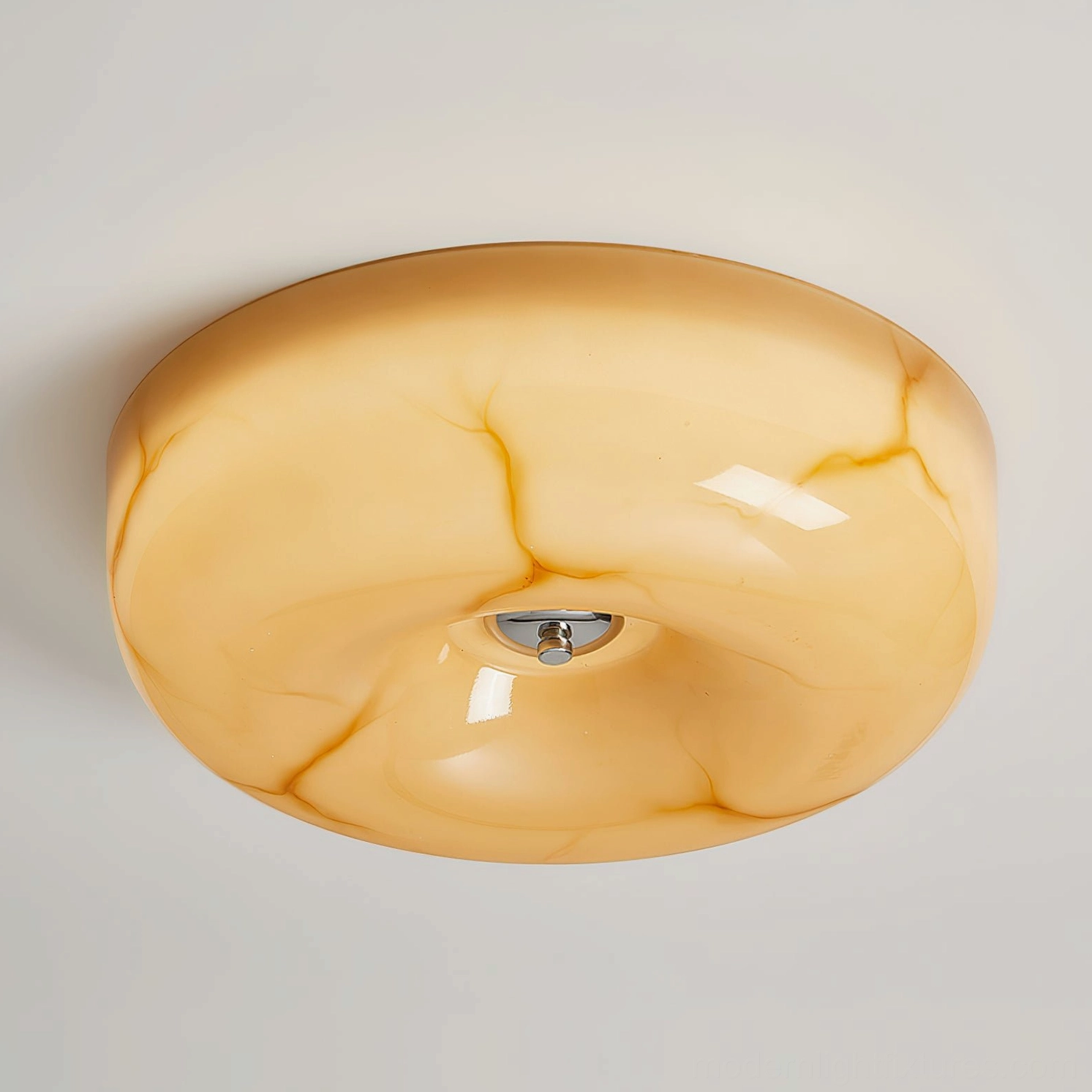 Hand-finished marbled amber glass ceiling light fixture with metal chrome mounting base