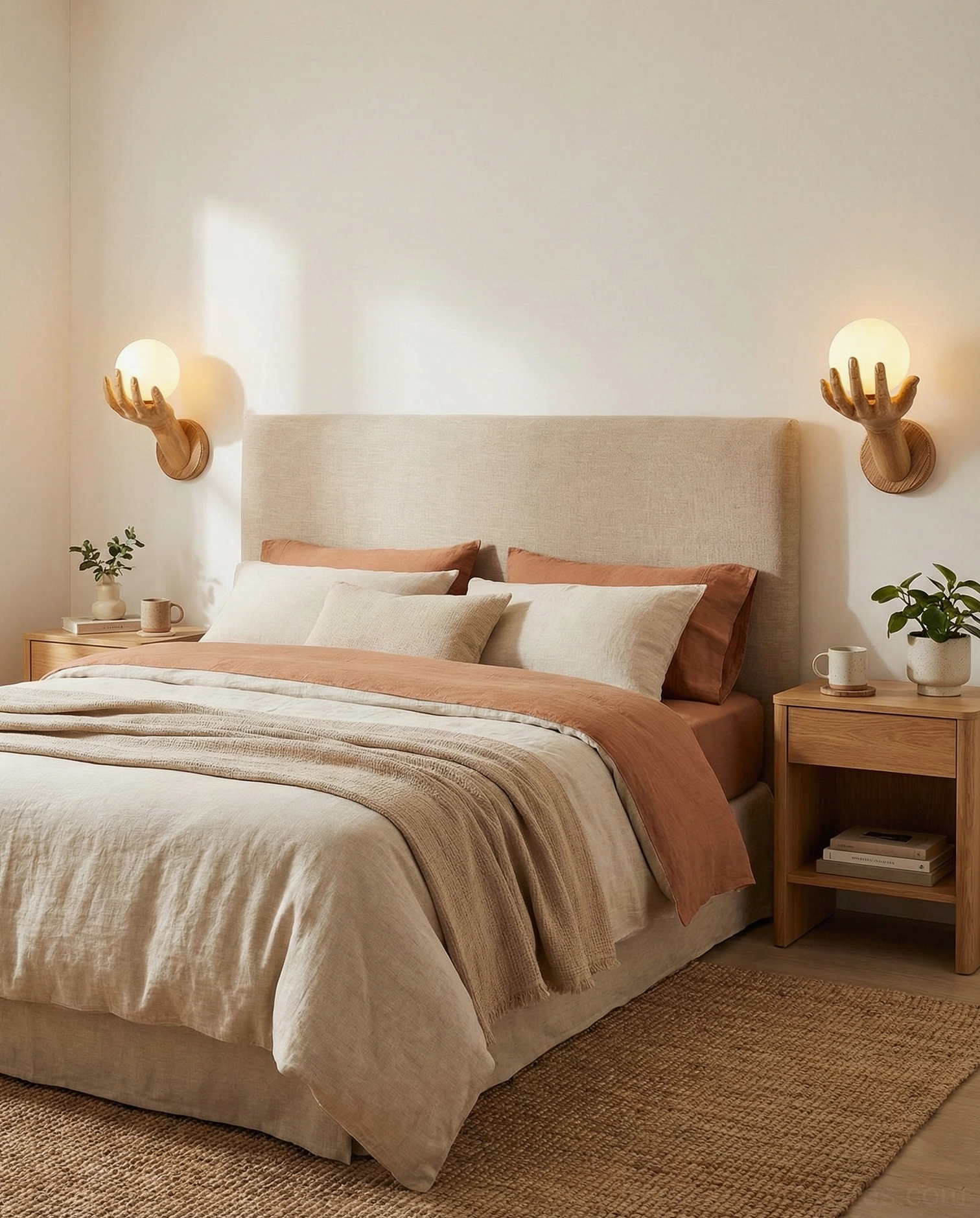 Hand of Victory antler-inspired globe wall sconce with wood tone finish on master bedroom headboard