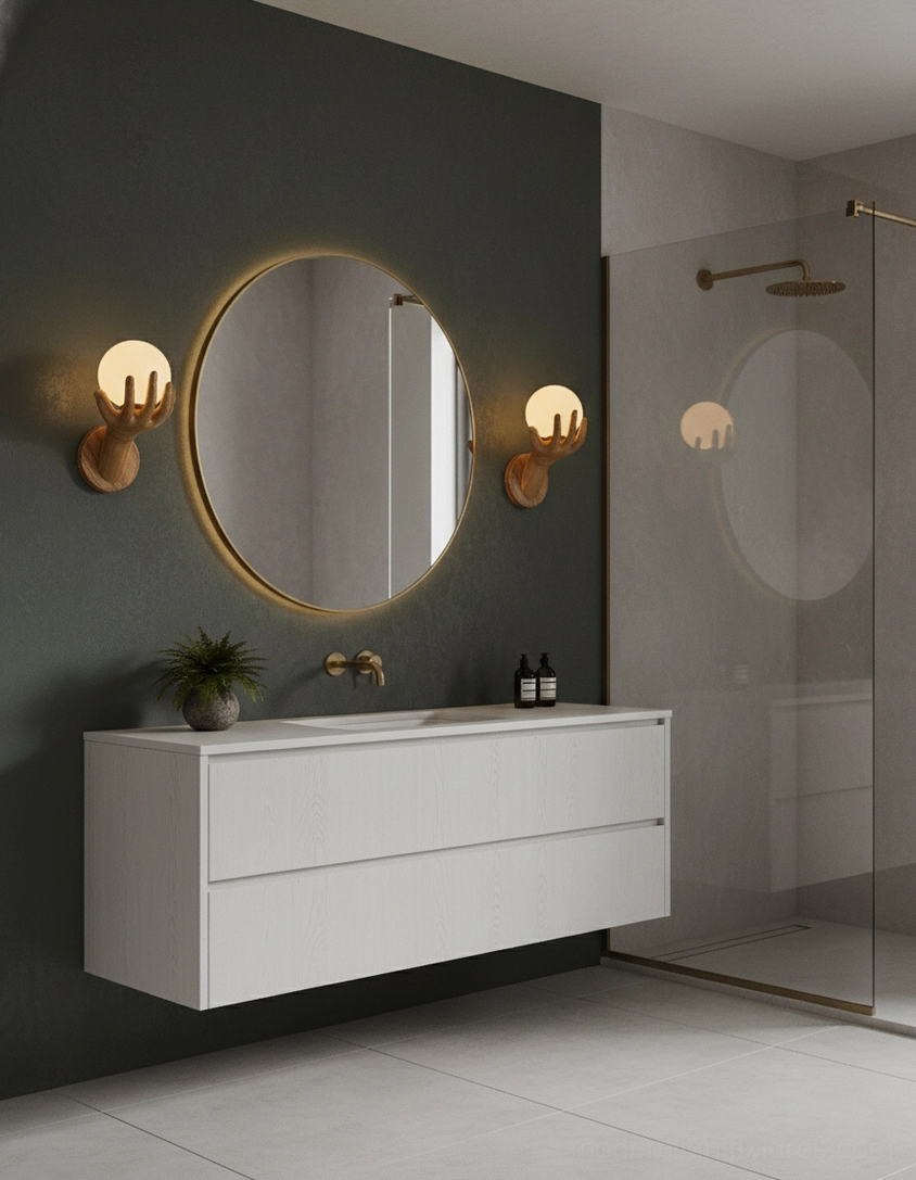 Hand of Victory sculptural wall sconce in bathroom vanity area with dark green accent wall and mirror