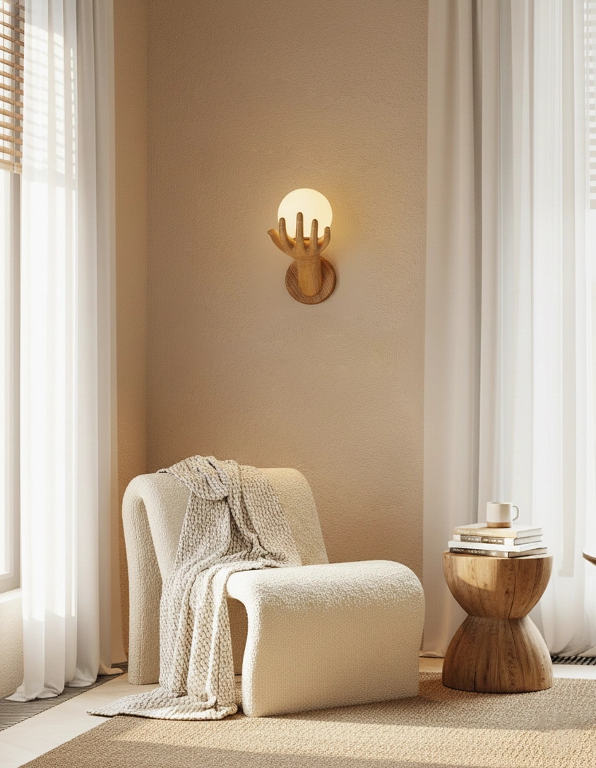 Hand of Victory sculptural wall sconce installed view in contemporary interior space