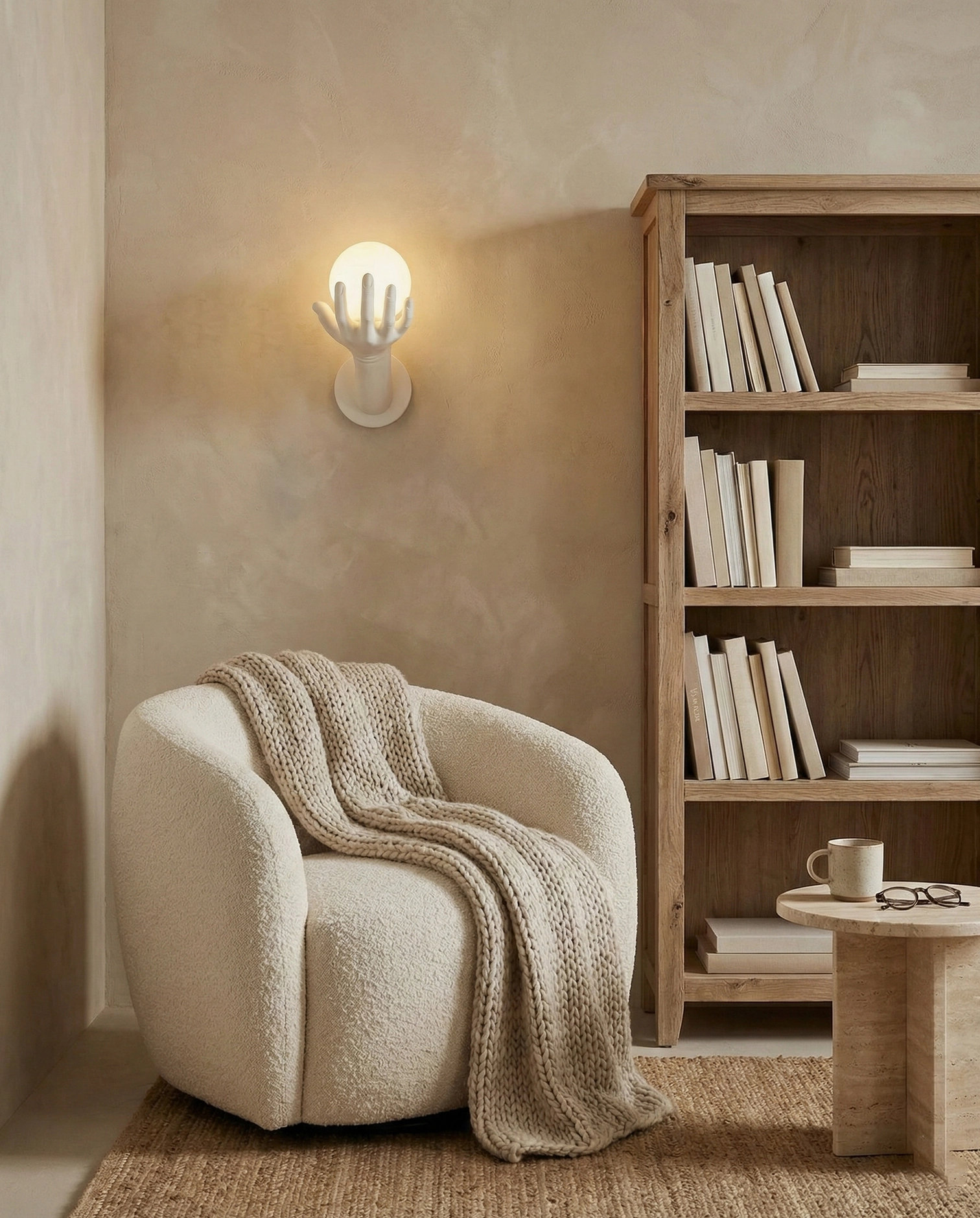 Hand of Victory sculptural globe lamp mounted on beige wall in cozy reading corner with armchair