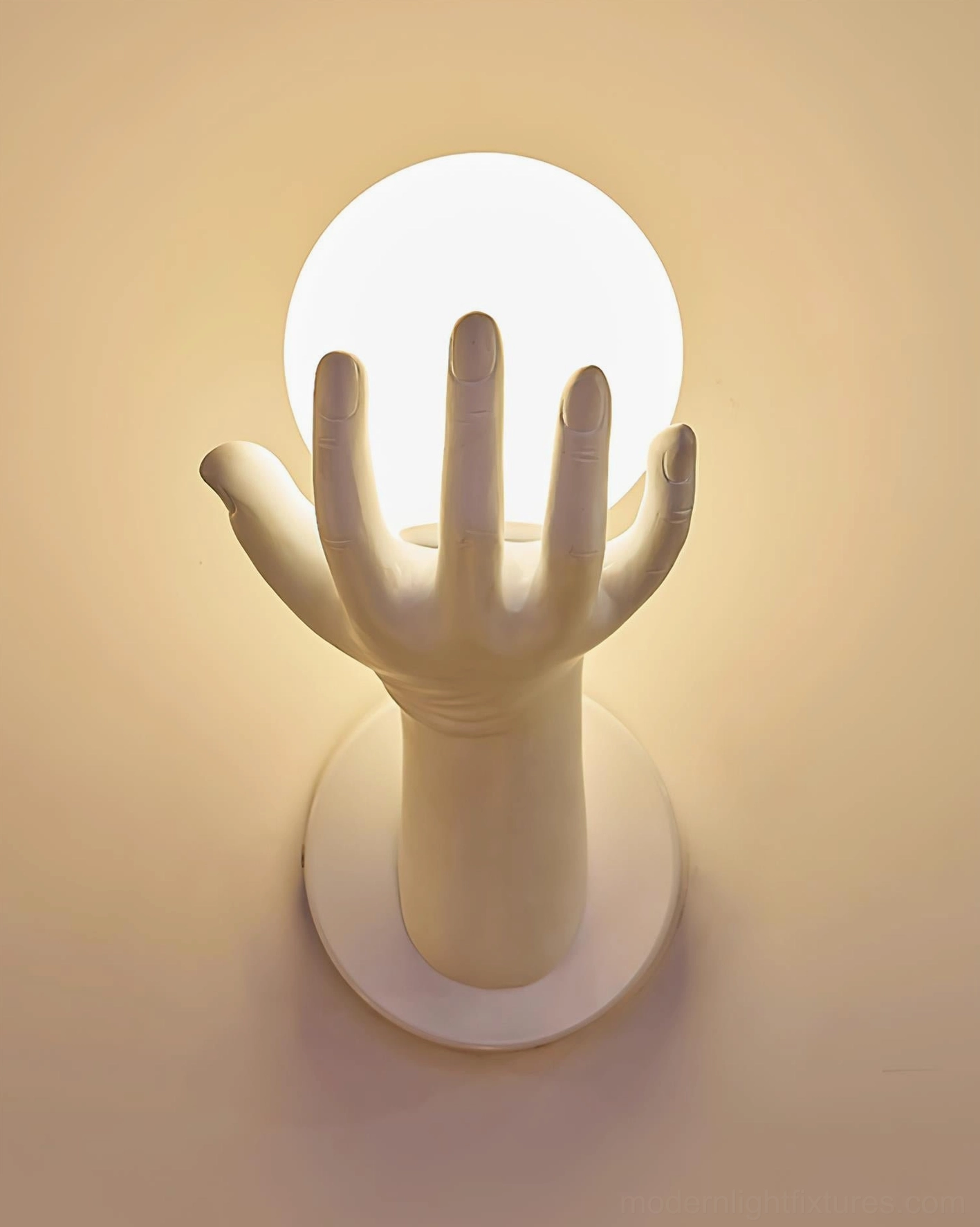 Hand of Victory wall lamp side profile angle showing hand sculpture and globe proportion