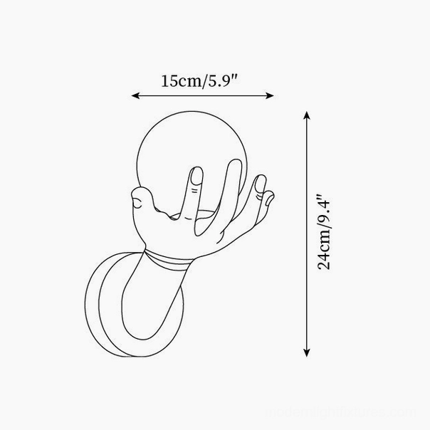 Hand of Victory sculptural wall lamp technical dimension drawing - 15cm width x 24cm height
