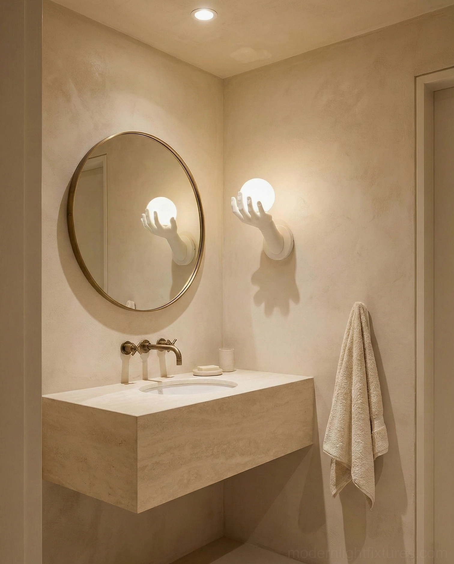 Hand of Victory white matte wall sconce in modern bathroom vanity with beige counter and contemporary fixtures