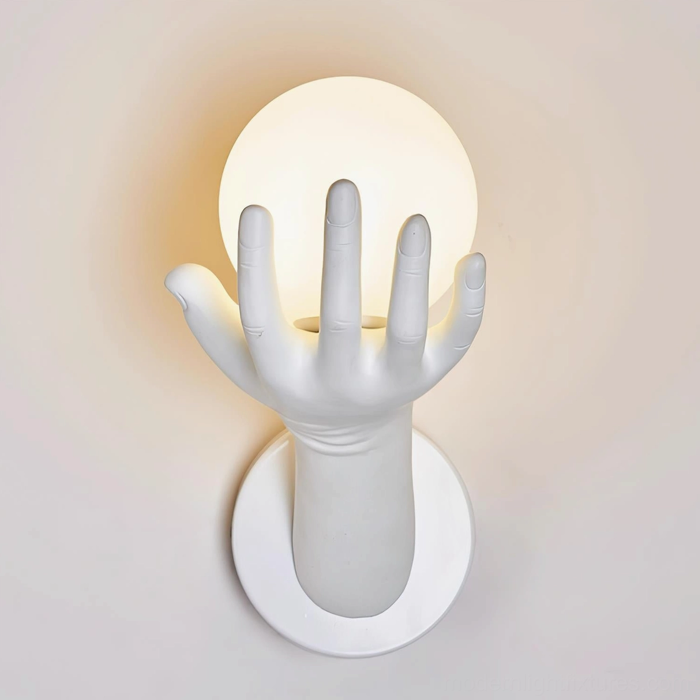 Hand of Victory sculptural lamp with matte white finish and smooth hand shape - front flat view