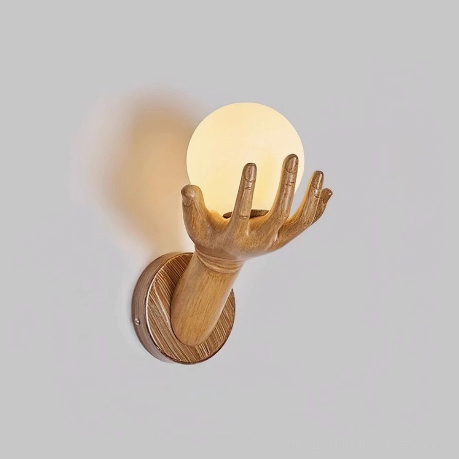 Hand of Victory wall sconce wood grain finish version showing warm natural color tone