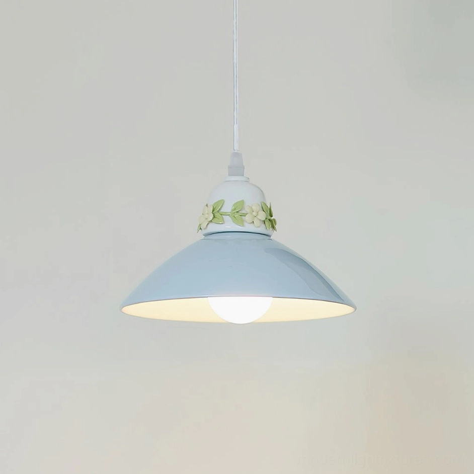 Sky blue hand-painted ceramic conical pendant light illuminated with LED, pastel blue shade with green botanical accent