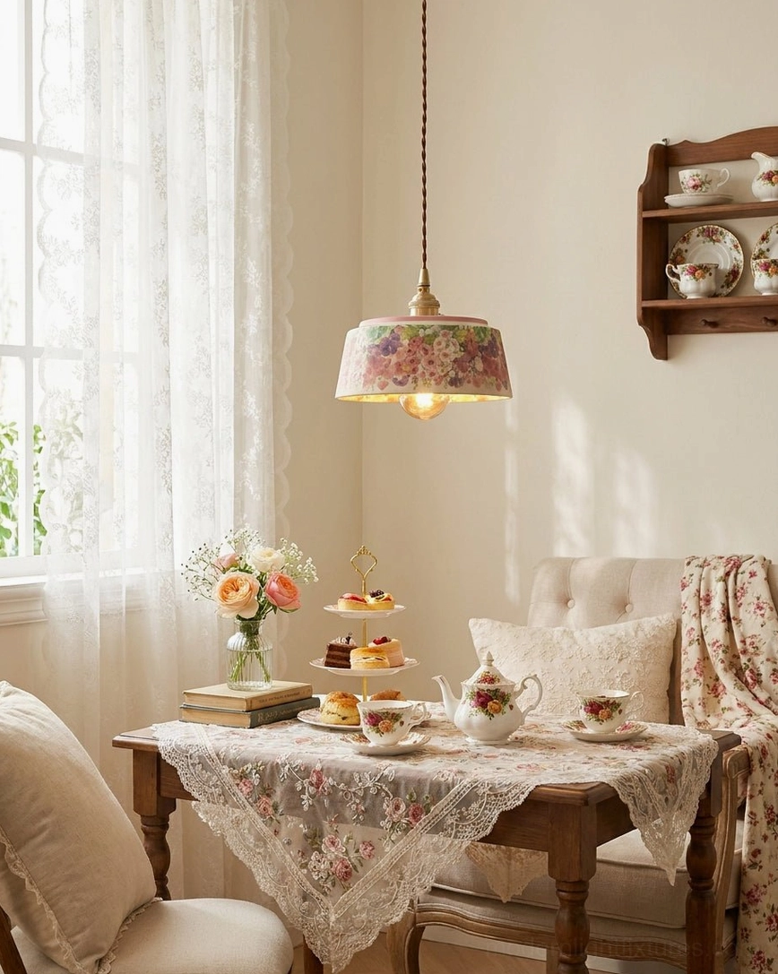 Hand-painted ceramic pendant light with pink rim illuminating formal dining space with lace decor