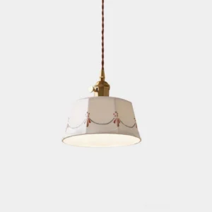 Eliana hand-painted ceramic pendant light with brass fixture and floral garland design, white octagonal shade, front view