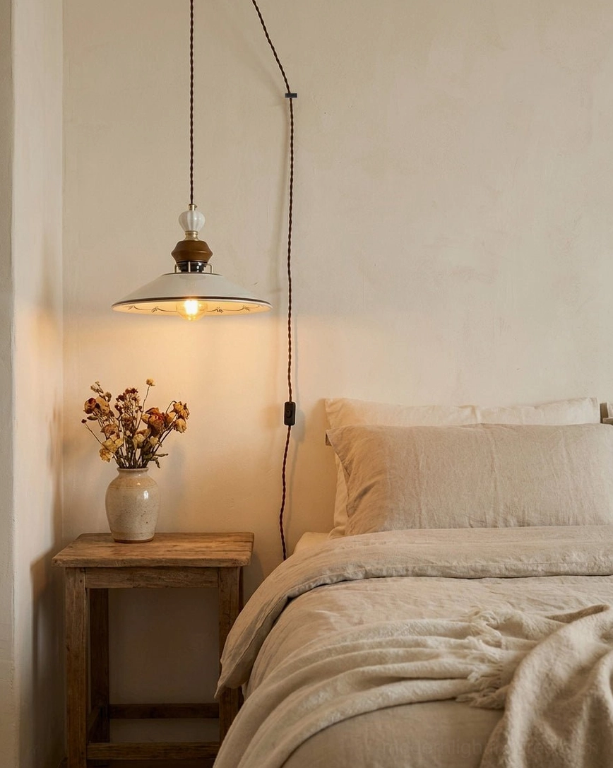 Ruffled Lotus or petal-style ceramic pendant light in minimalist warm bedroom nook above nightstand with natural light