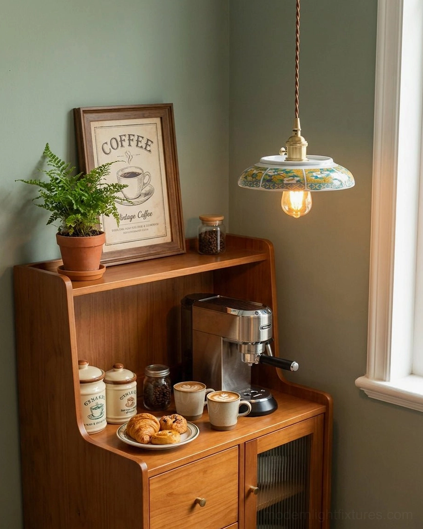 Hand-painted ceramic pendant shade with brass fixture and twisted cord detail in home coffee bar setting