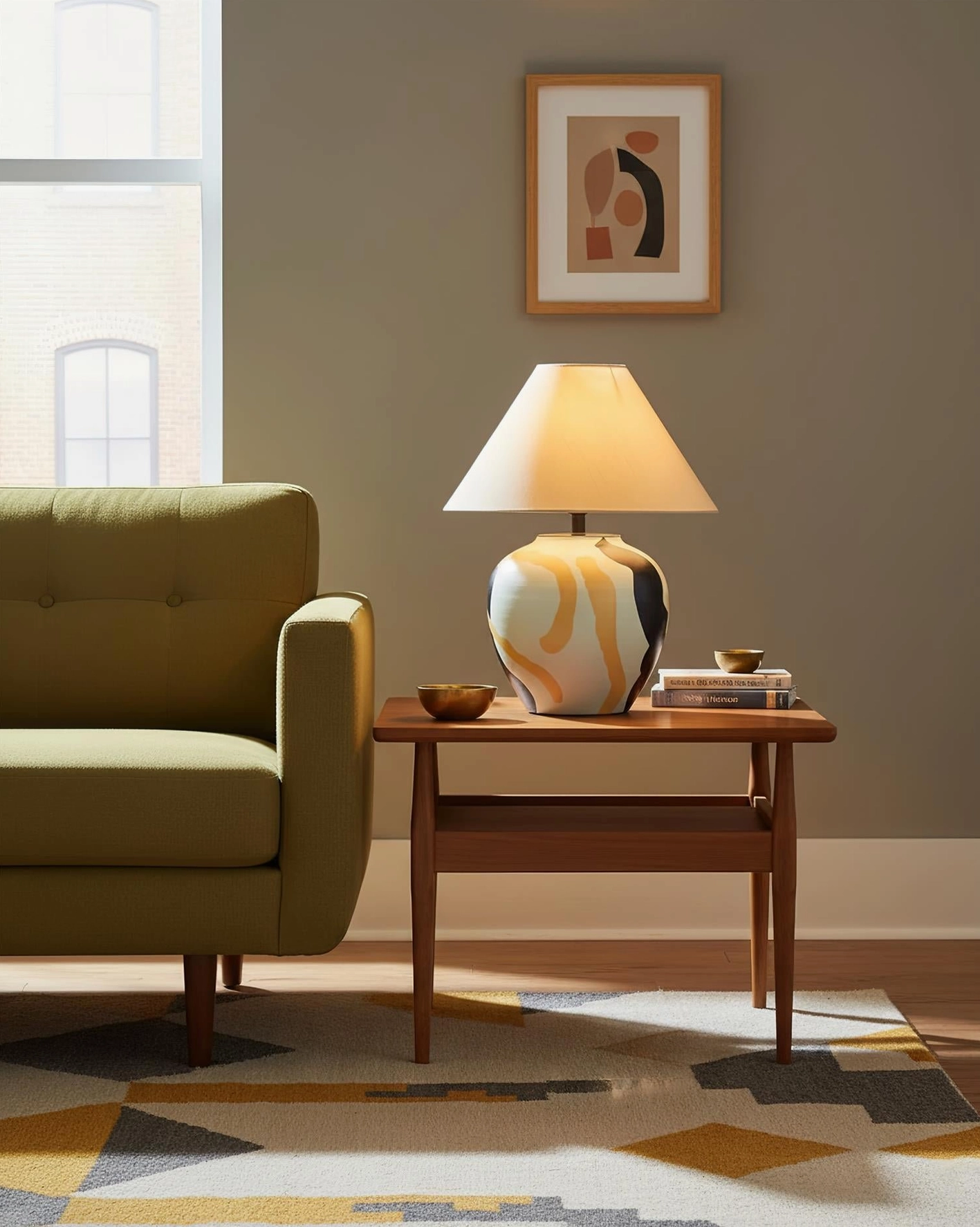 Hand-painted ceramic table lamp with warm fabric shade, suitable for modern bohemian and minimalist interior design